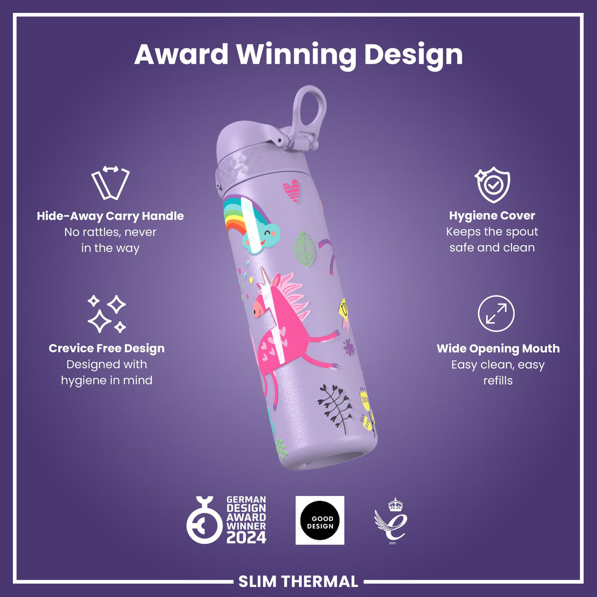 Leak Proof Slim Thermal Water Bottle, Insulated Steel, Purple Unicorns, 500ml (17oz) — additional product photo