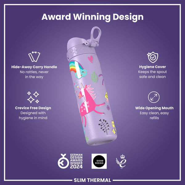 Leak Proof Slim Thermal Water Bottle, Insulated Steel, Purple Unicorns, 500ml (17oz) — additional product photo