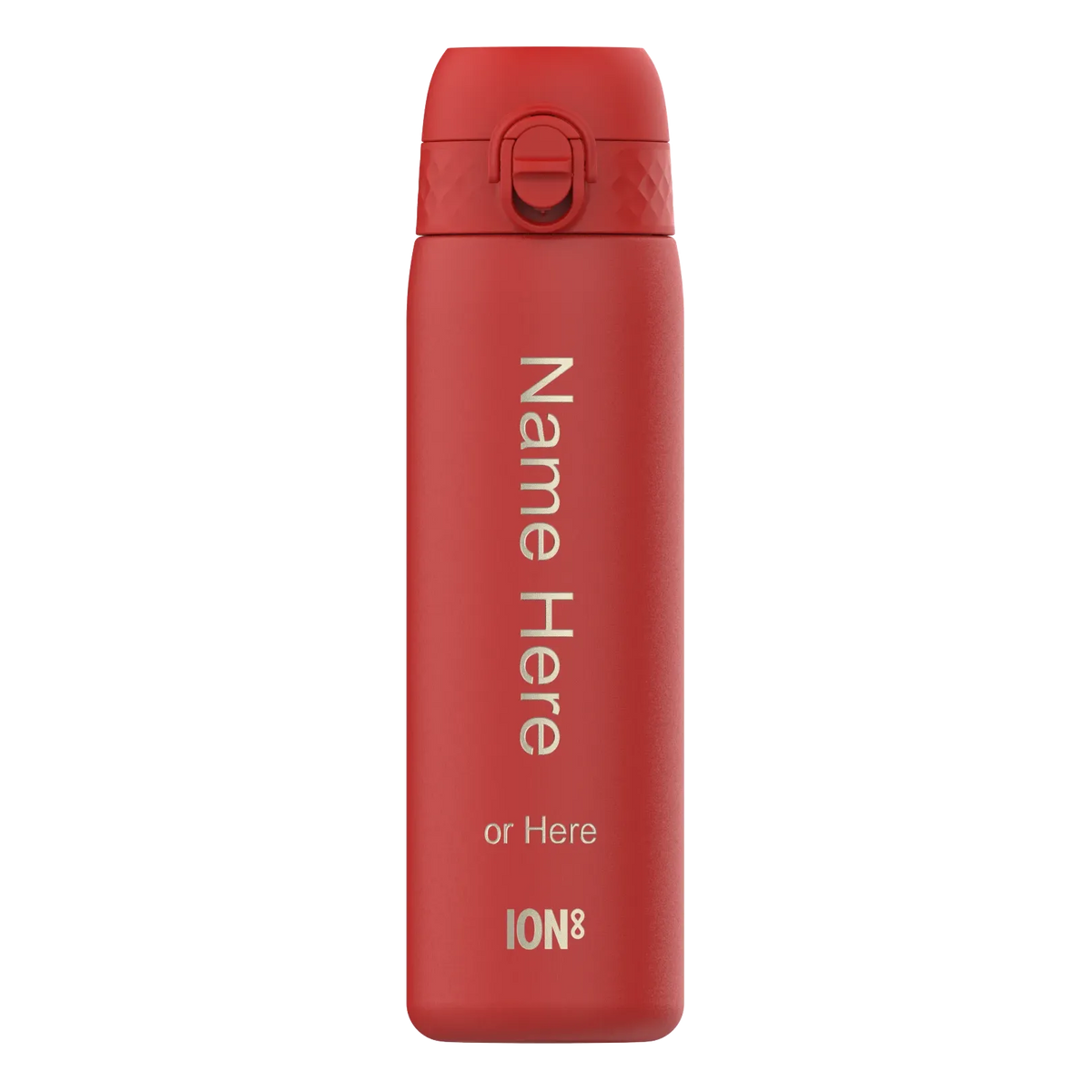 A red bottle stands upright with a closed lid against a plain background Text reads Name Here or Here ION8