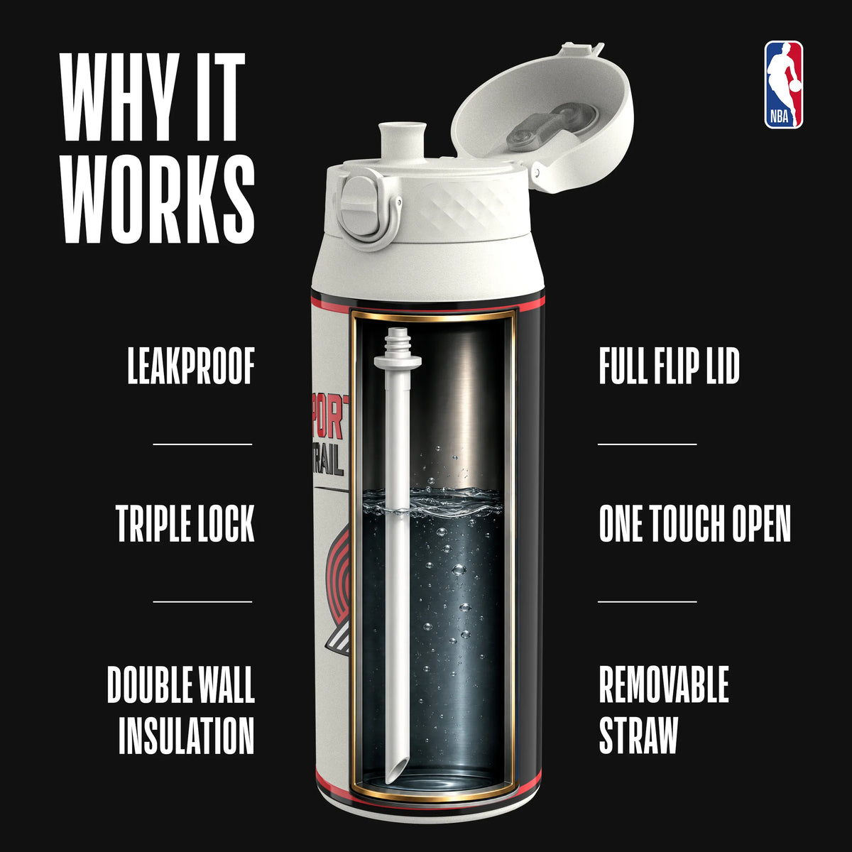NBA x ION8, Insulated Steel Bottle, Portland Trailblazers, 750ml (24oz) — additional product photo