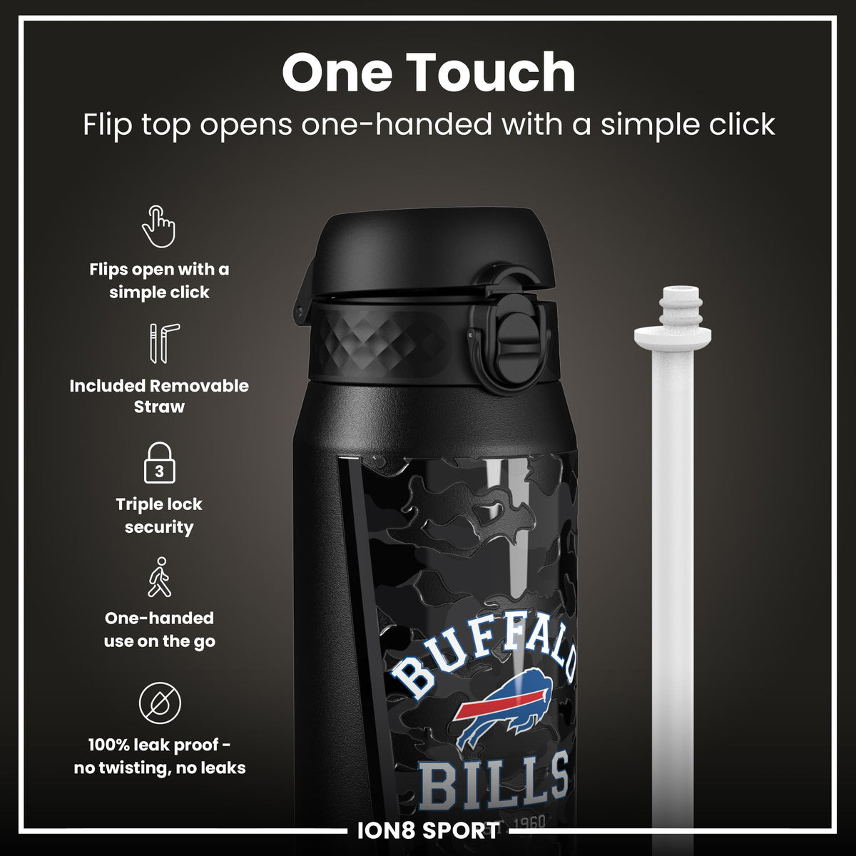 Botella de agua de acero inoxidable con aislamiento NFL x ION8, NFL Bills, 750 ml (24 oz)