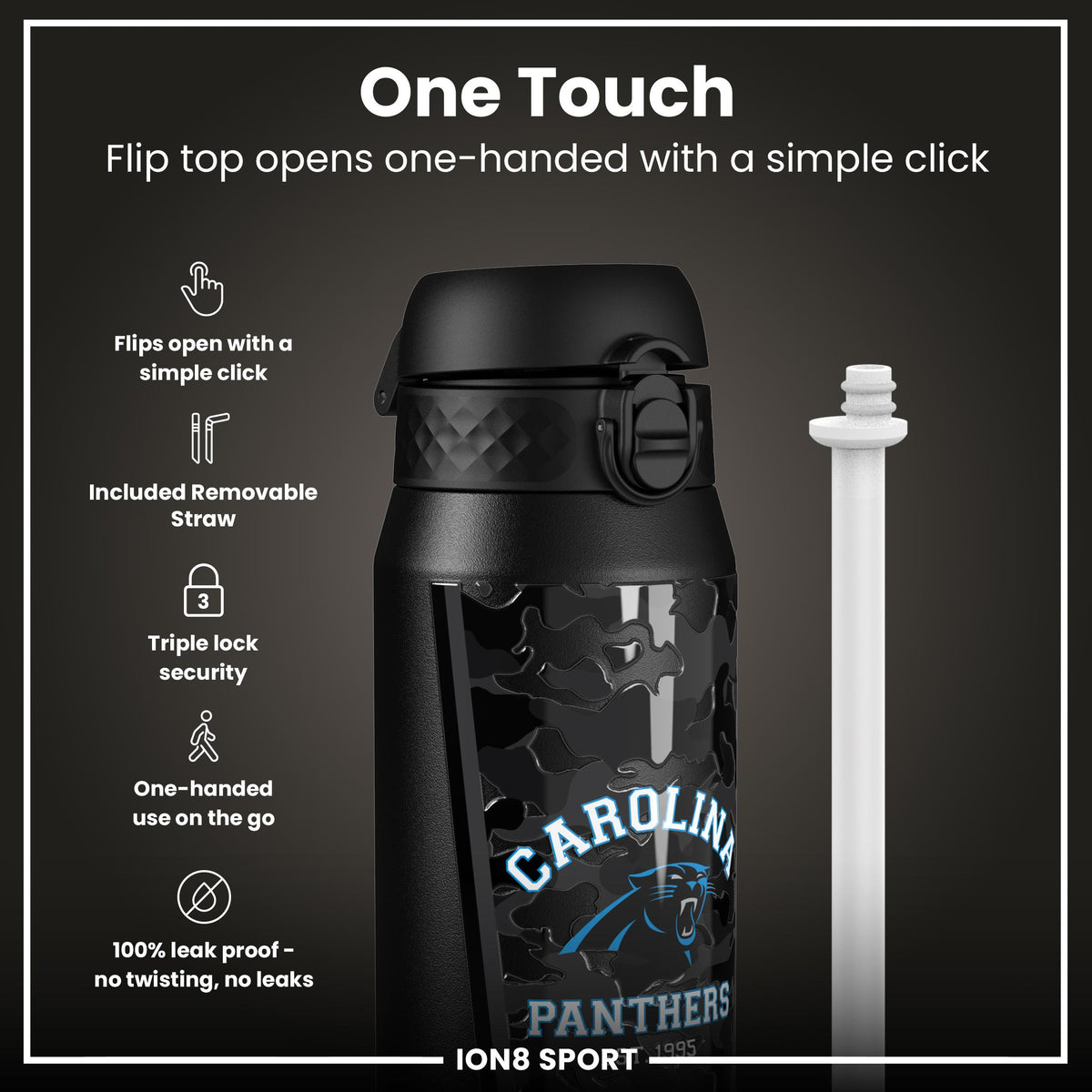 Botella de agua de acero inoxidable con aislamiento NFL x ION8, Carolina Panthers, 750 ml (24 oz)