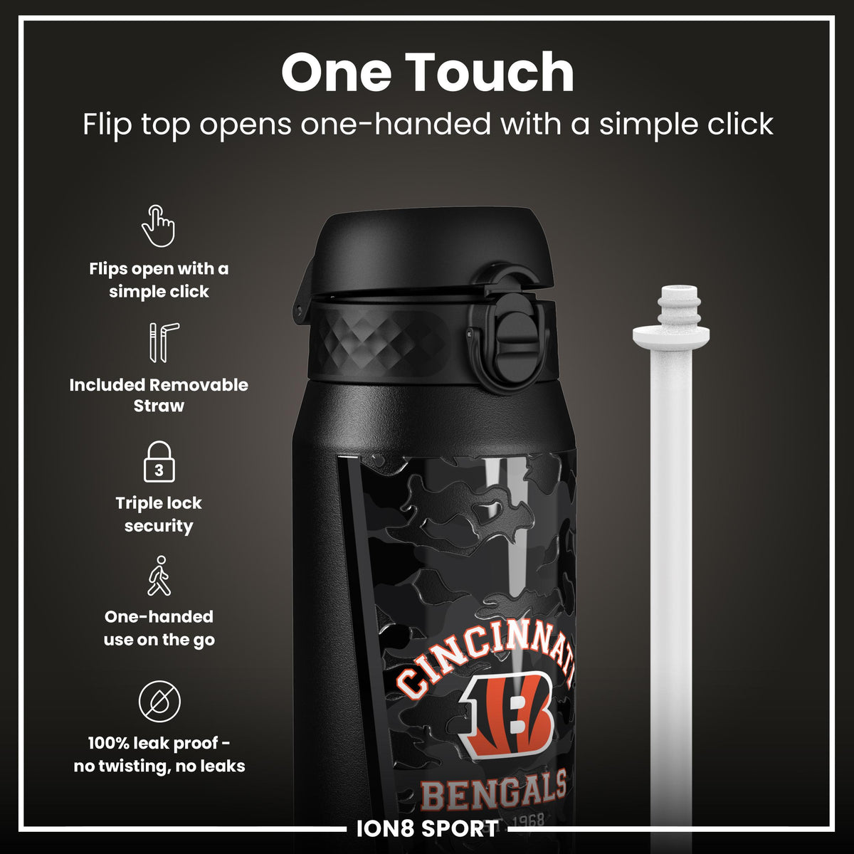 Botella de agua de acero inoxidable con aislamiento NFL x ION8, Bengals de la NFL, 750 ml (24 oz)