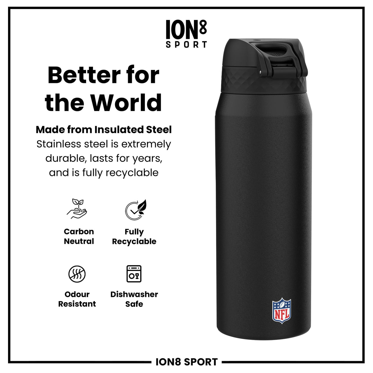Botella de agua de acero inoxidable con aislamiento NFL x ION8, Bengals de la NFL, 750 ml (24 oz)