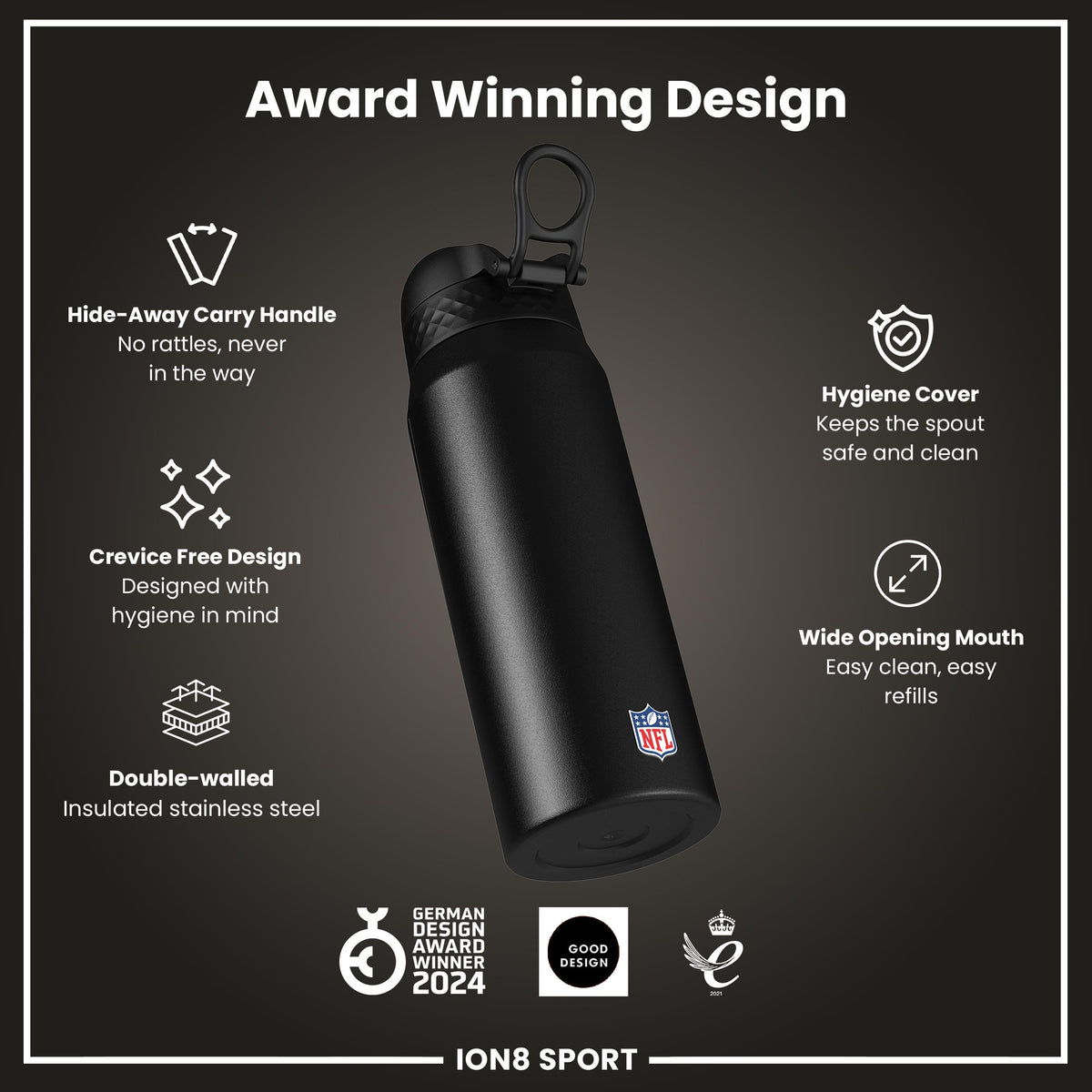 NFL x ION8 Insulated Steel Water Bottle, NFL Browns, 750ml (24oz)