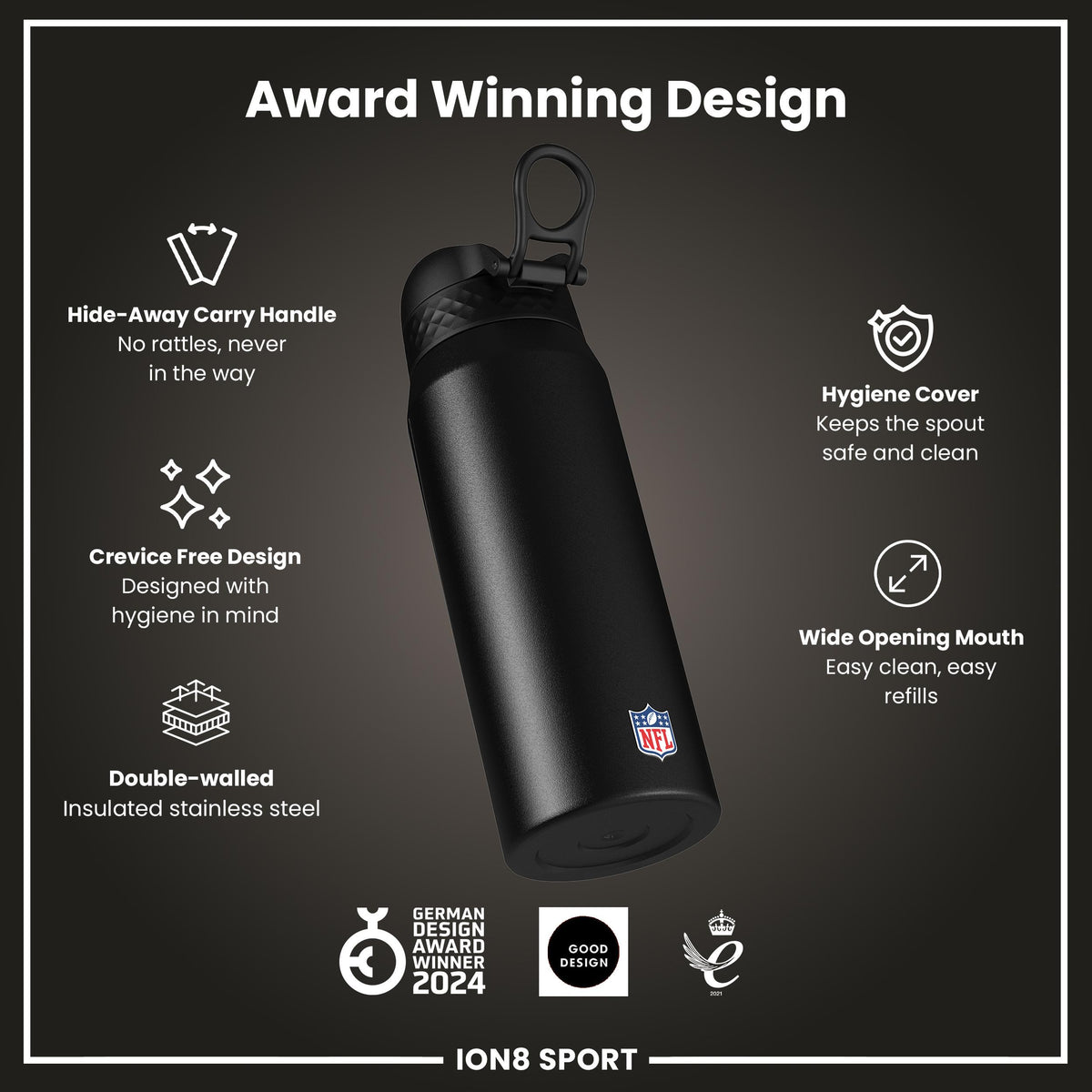 Botella de agua de acero inoxidable con aislamiento NFL x ION8, NFL Broncos, 750 ml (24 oz)