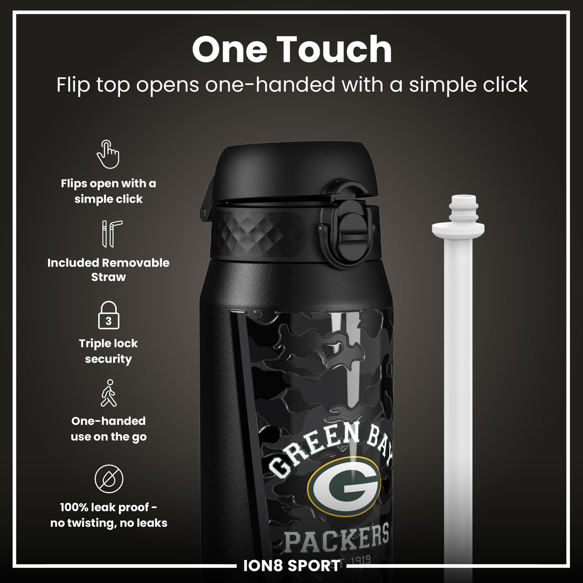 Botella de agua de acero inoxidable con aislamiento NFL x ION8, NFL Packers, 750 ml (24 oz)