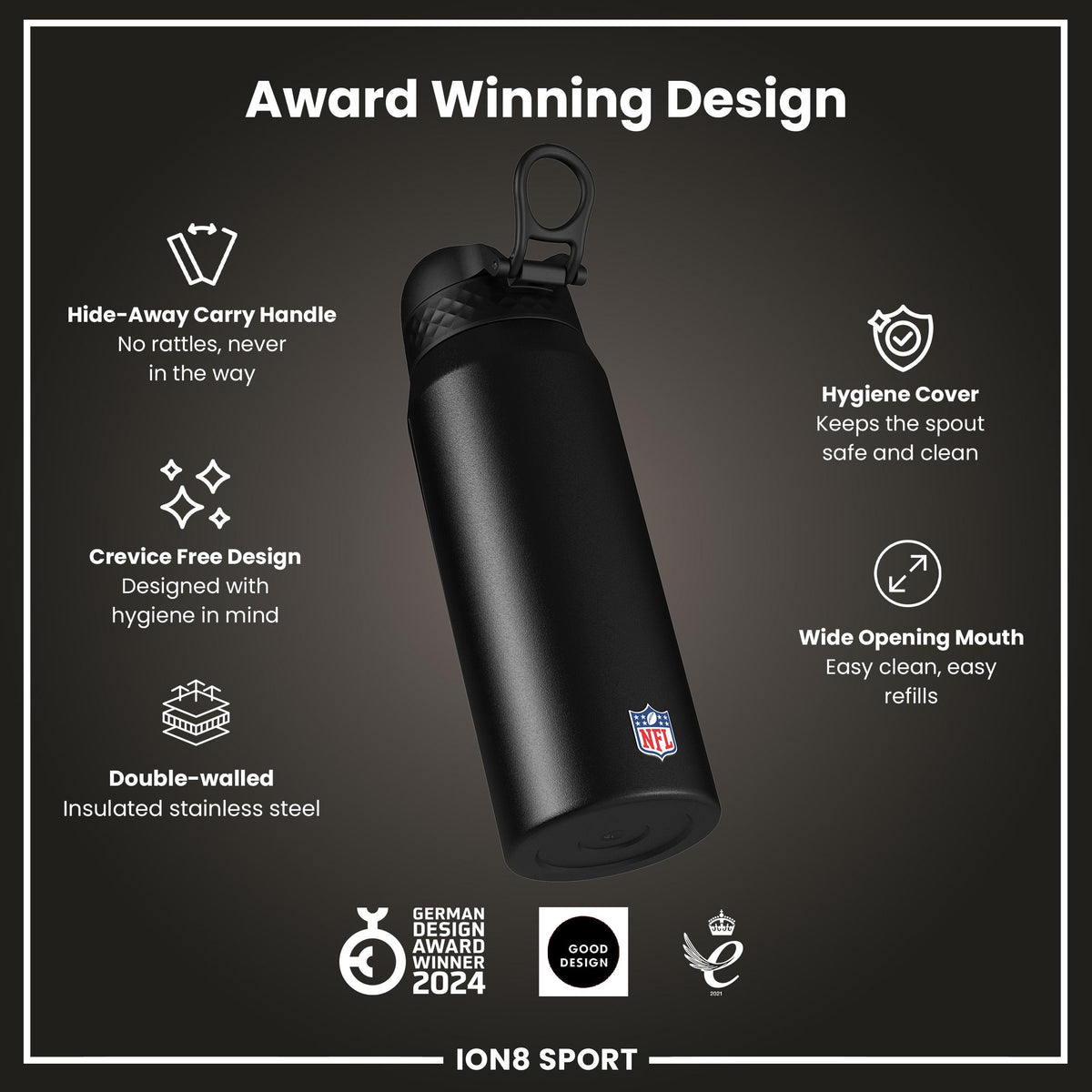 Botella de agua de acero inoxidable con aislamiento NFL x ION8, NFL Chiefs, 750 ml (24 oz)