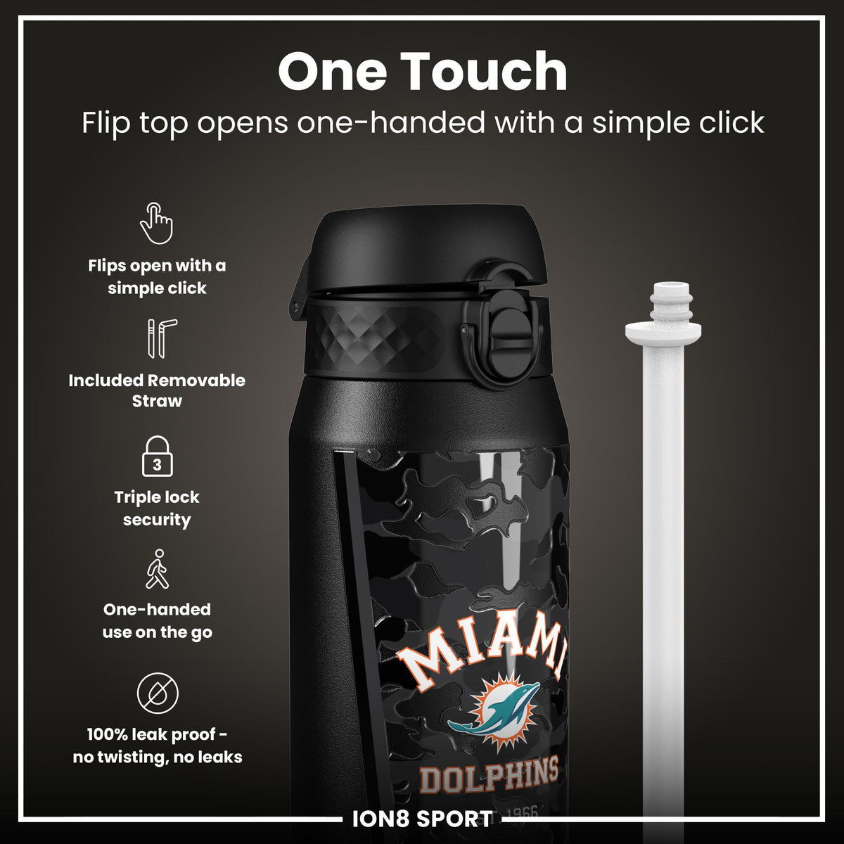 Botella de agua de acero inoxidable con aislamiento NFL x ION8, NFL Dolphins, 750 ml (24 oz)