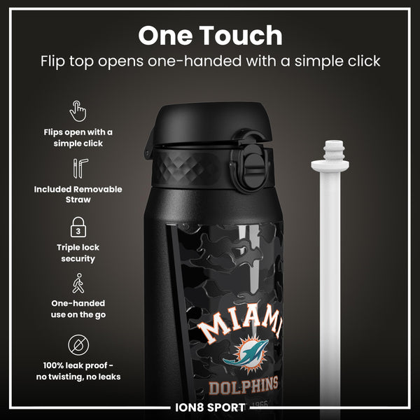 Botella de agua de acero inoxidable con aislamiento NFL x ION8, NFL Dolphins, 750 ml (24 oz)