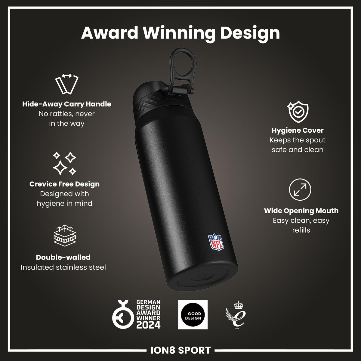 NFL x ION8 Insulated Steel Water Bottle, NFL Giants, 750ml (24oz)