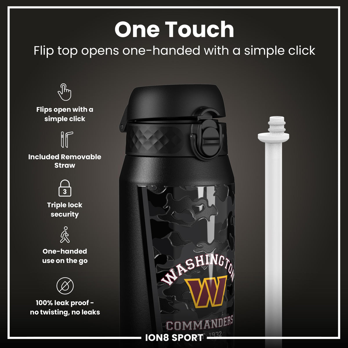 NFL x ION8 Insulated Steel Water Bottle, NFL Commanders, 750ml (24oz)