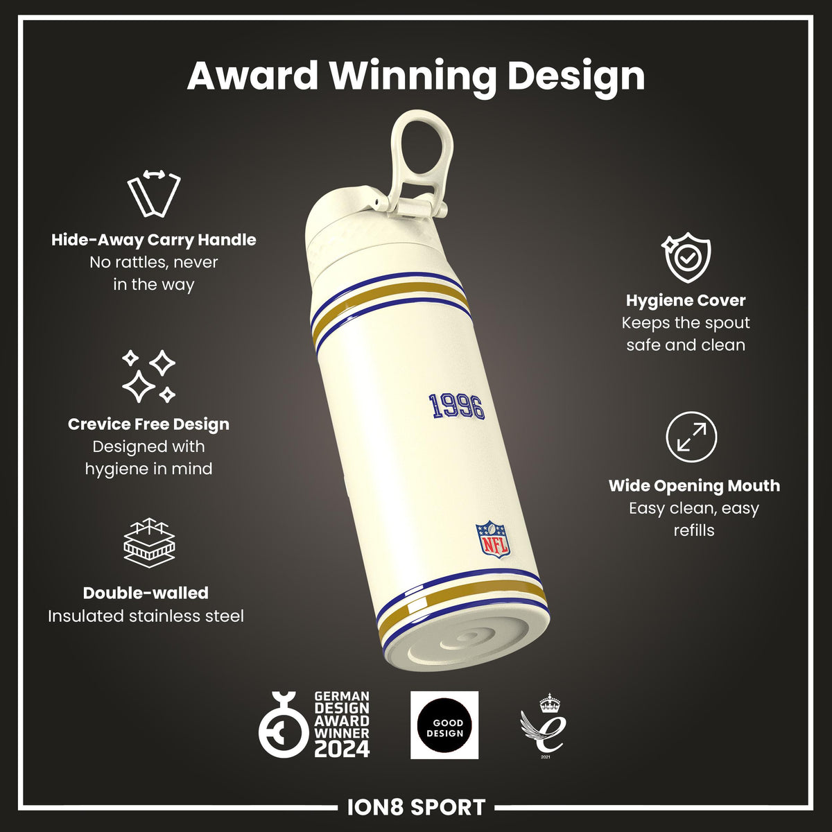 NFL x ION8 Insulated Steel Water Bottle, NFL Ravens, 750ml (24oz)