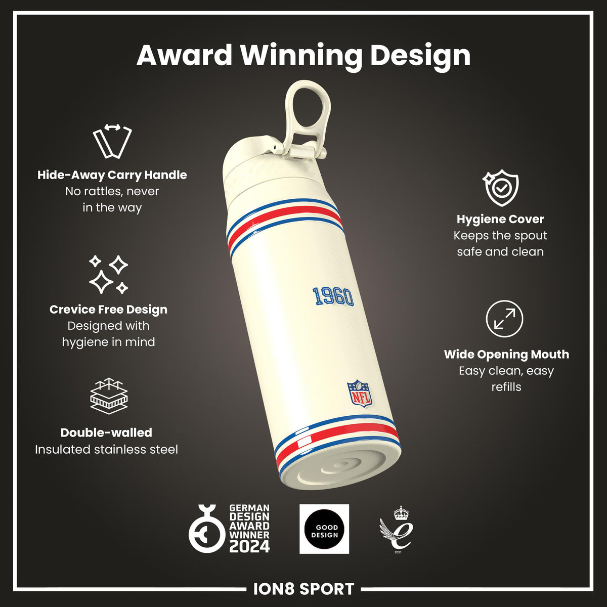 NFL x ION8 Insulated Steel Water Bottle, NFL Bills, 750ml (24oz)