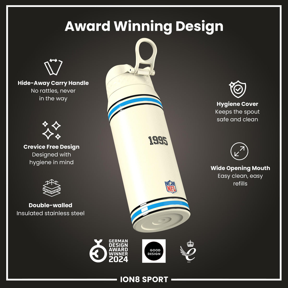 NFL x ION8 Insulated Steel Water Bottle, NFL Panthers, 750ml (24oz)