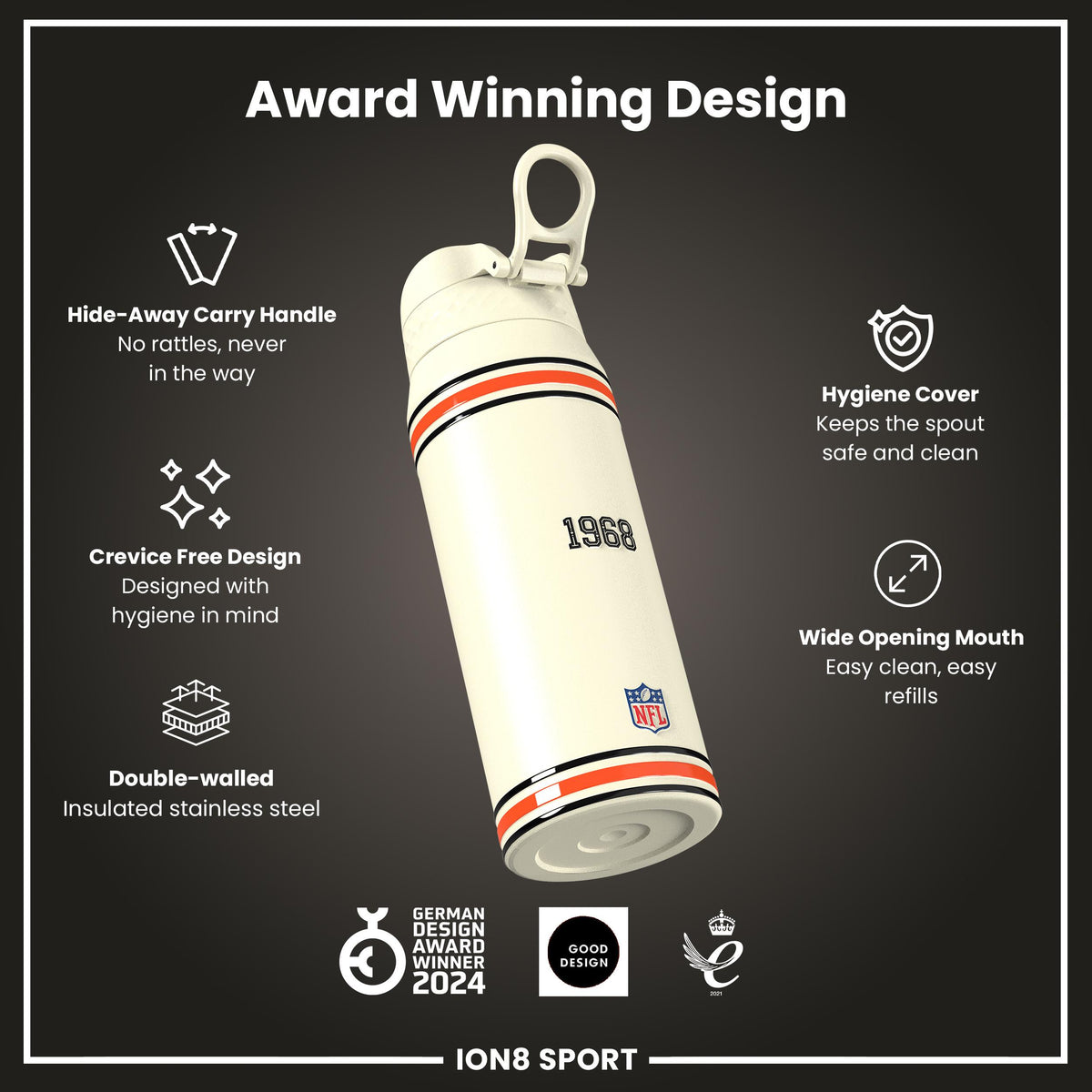 NFL x ION8 Insulated Steel Water Bottle, NFL Bengals, 750ml (24oz)
