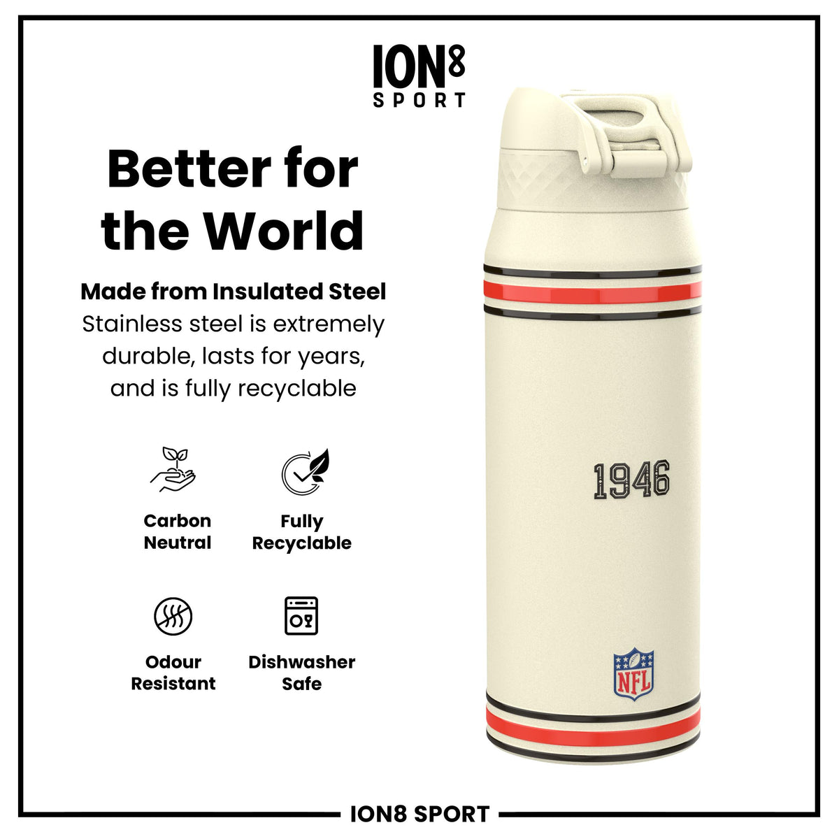 Botella de agua de acero inoxidable con aislamiento NFL x ION8, NFL Browns, 750ml (24oz)
