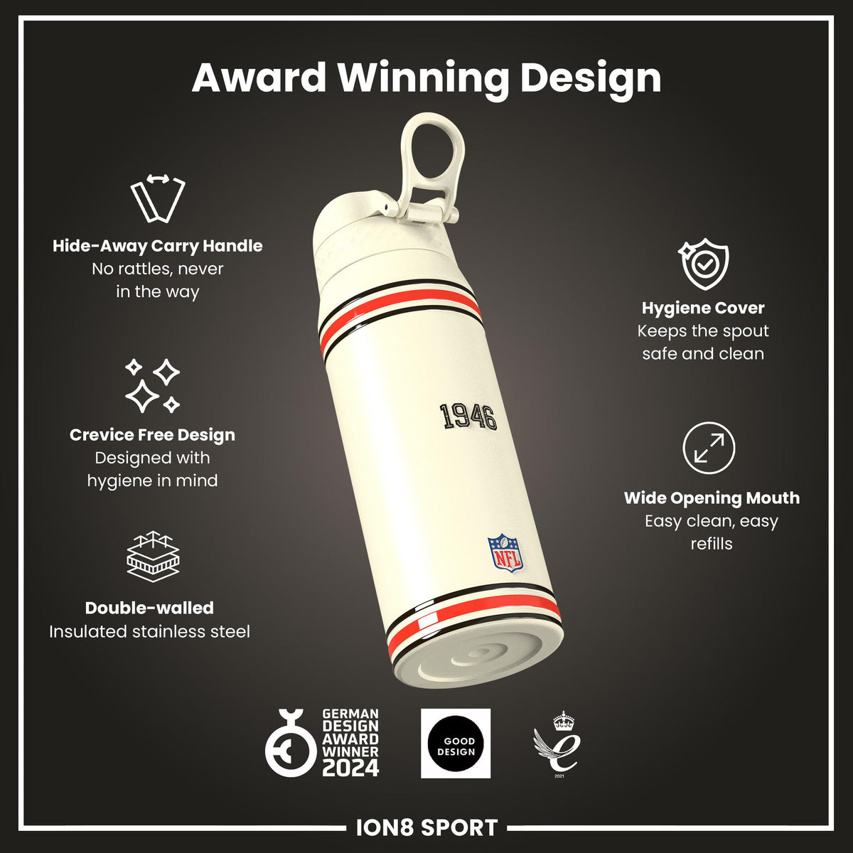 Botella de agua de acero inoxidable con aislamiento NFL x ION8, NFL Browns, 750ml (24oz)