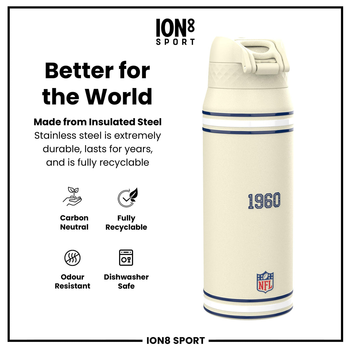 NFL x ION8 Insulated Steel Water Bottle, NFL Cowboys, 750ml (24oz)