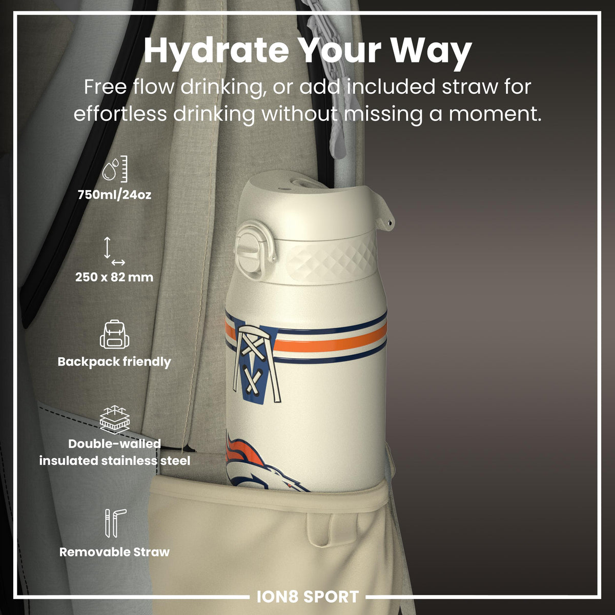 Botella de agua de acero inoxidable con aislamiento NFL x ION8, NFL Broncos, 750 ml (24 oz)