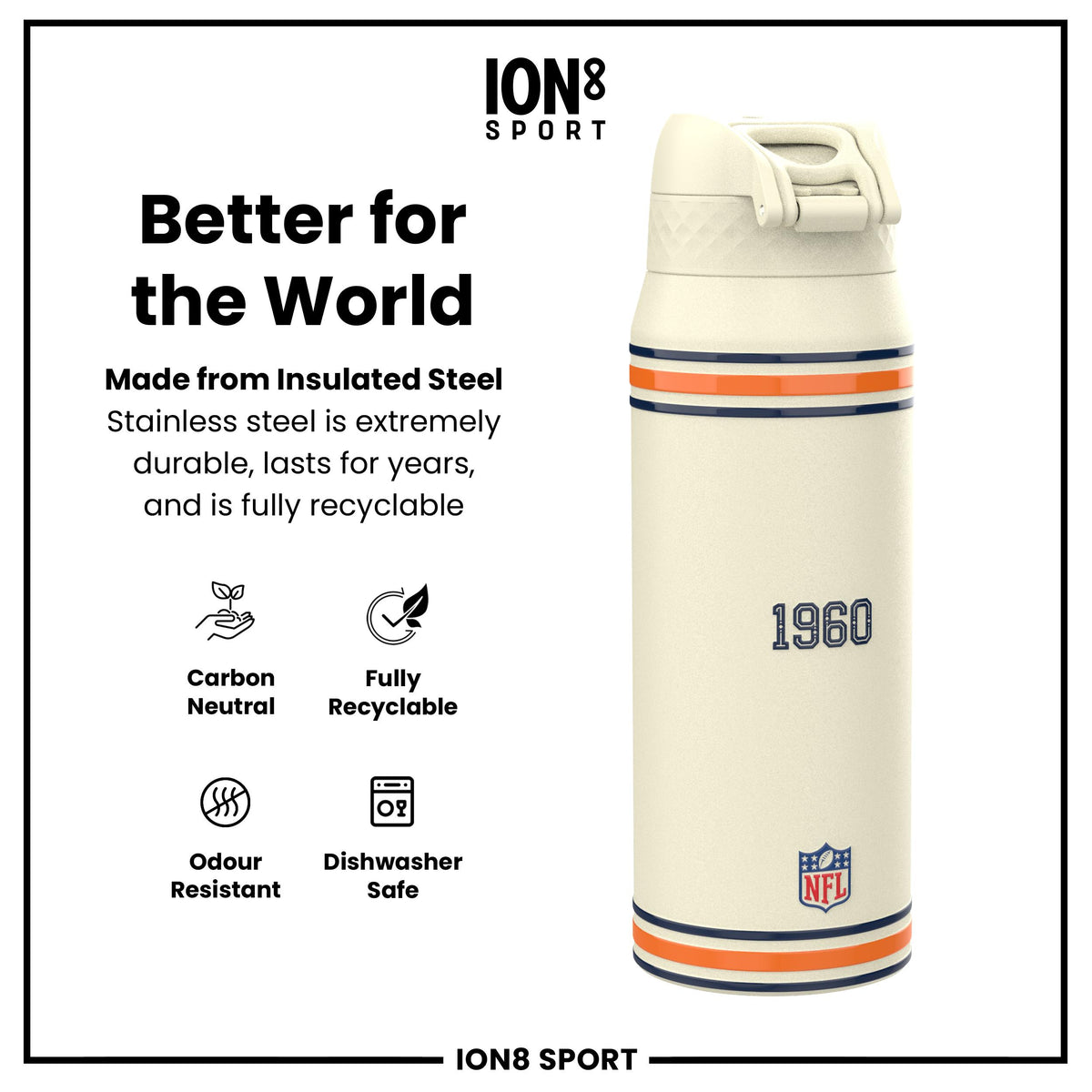 Botella de agua de acero inoxidable con aislamiento NFL x ION8, NFL Broncos, 750 ml (24 oz)