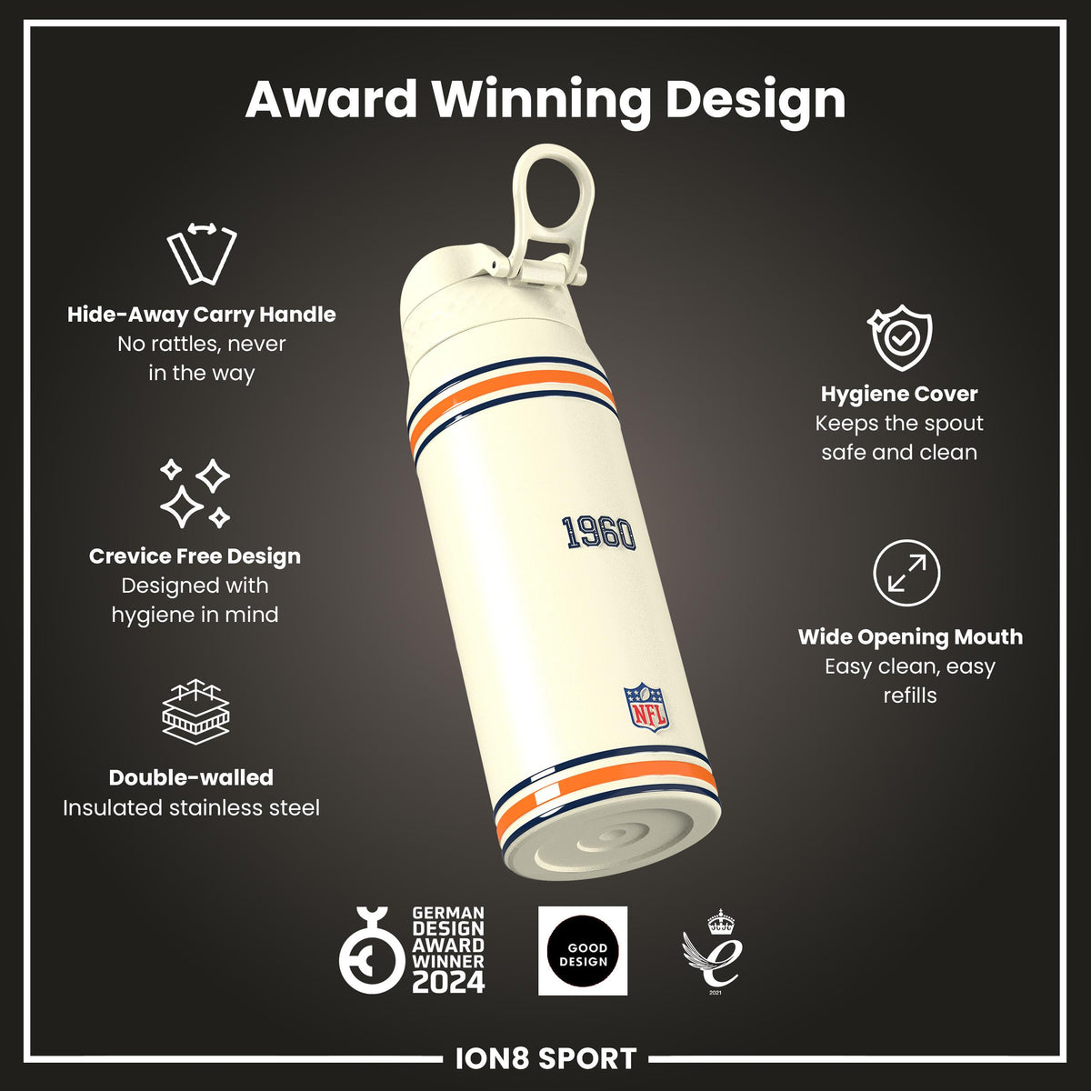 Botella de agua de acero inoxidable con aislamiento NFL x ION8, NFL Broncos, 750 ml (24 oz)