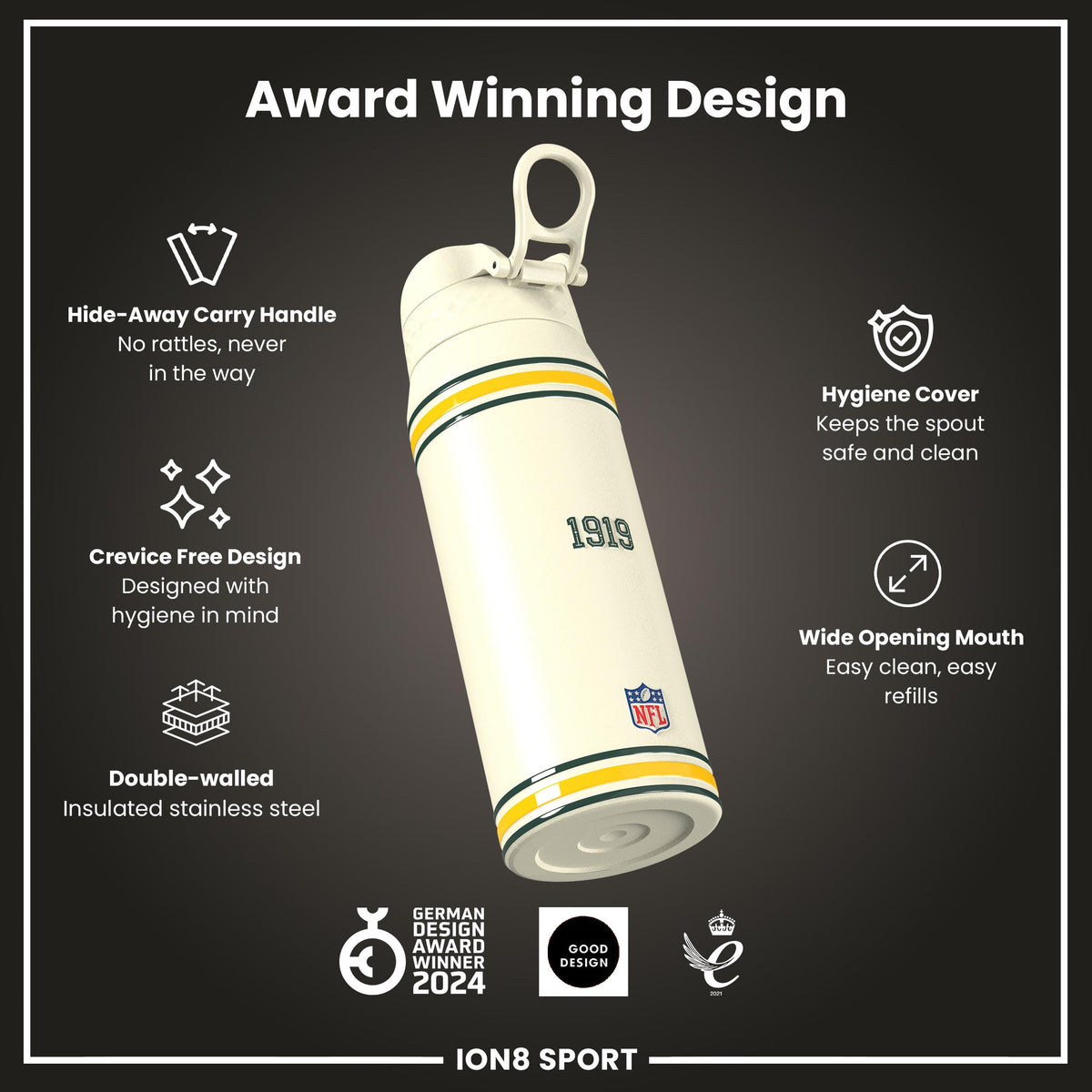 NFL x ION8 Insulated Steel Water Bottle, NFL Packers, 750ml (24oz)