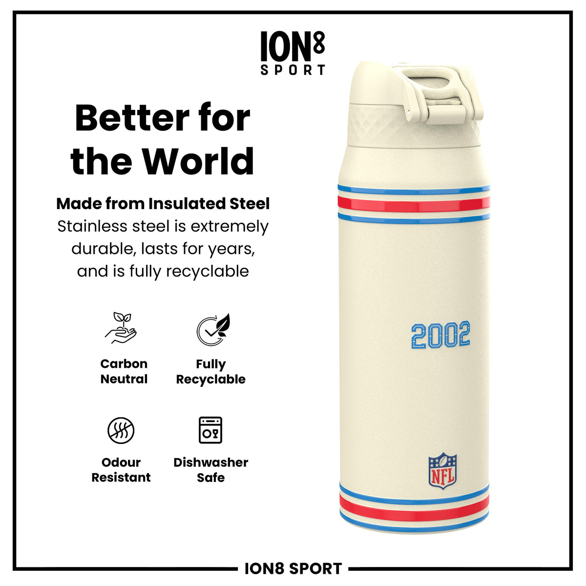 Botella de agua de acero térmico NFL x ION8, NFL Texans, 750ml (24oz)