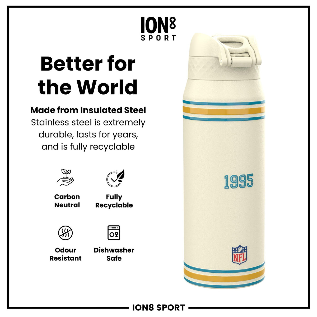 Botella de agua de acero inoxidable con aislamiento NFL x ION8, NFL Jaguars, 750ml (24oz)