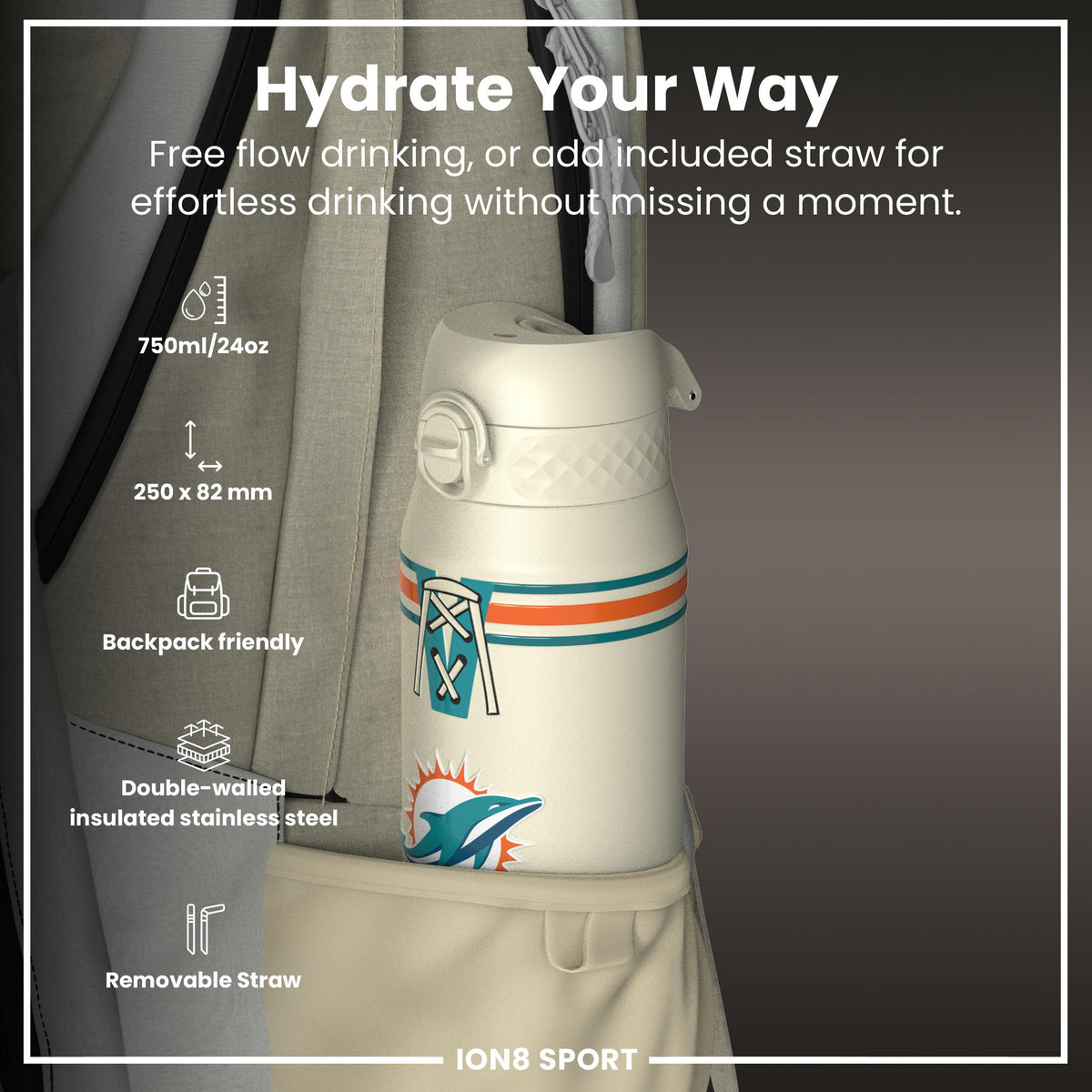Botella de agua de acero inoxidable con aislamiento NFL x ION8, NFL Dolphins, 750 ml (24 oz)