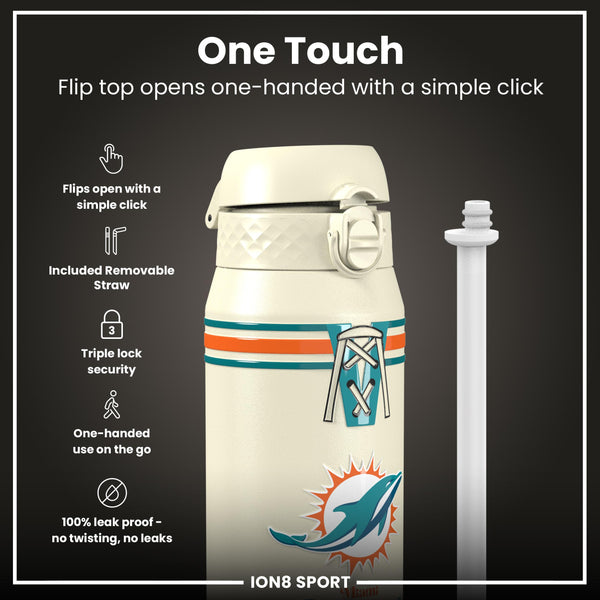 Botella de agua de acero inoxidable con aislamiento NFL x ION8, NFL Dolphins, 750 ml (24 oz)