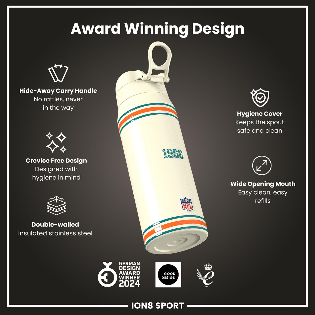 Botella de agua de acero inoxidable con aislamiento NFL x ION8, NFL Dolphins, 750 ml (24 oz)