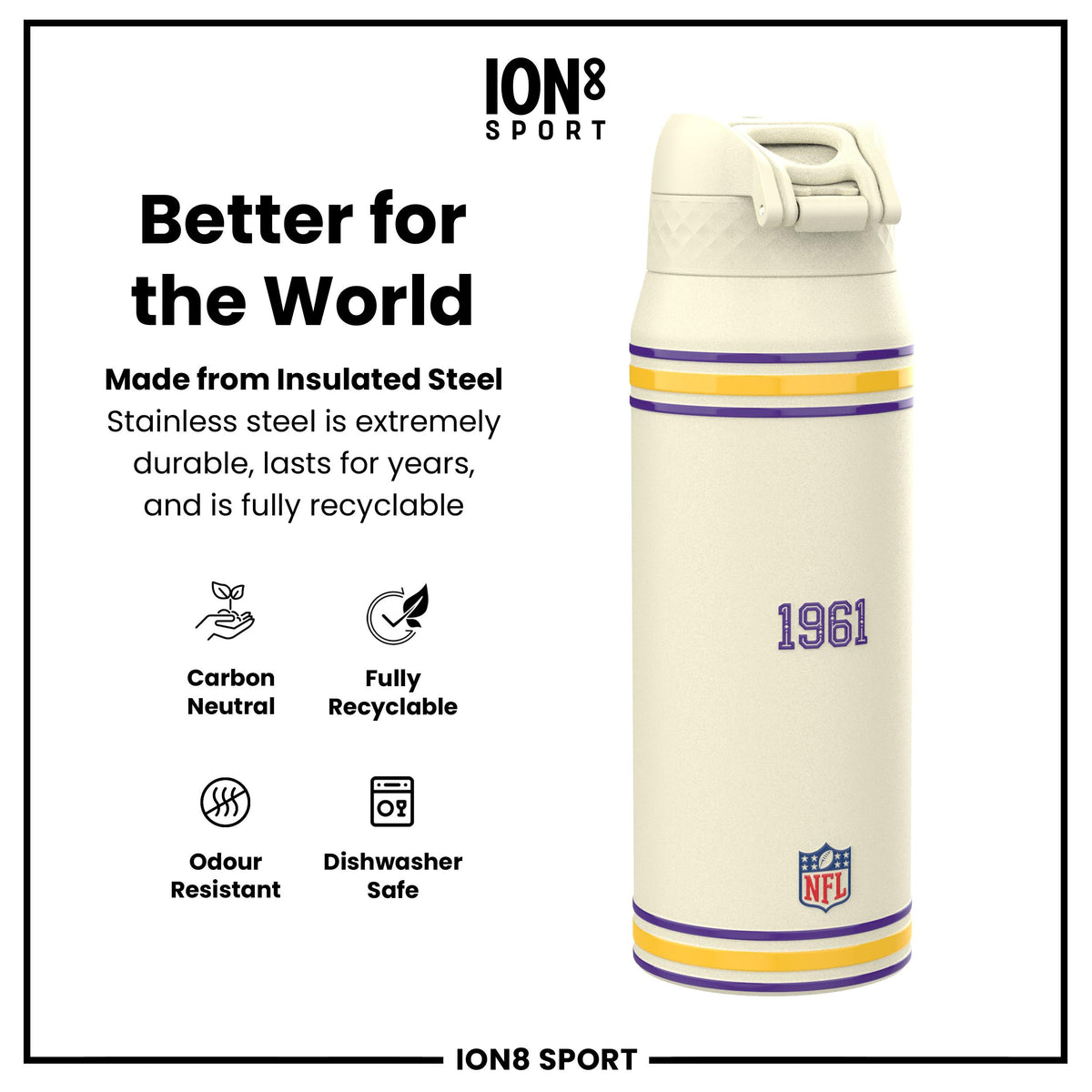Botella de Agua Aislada de Acero NFL x ION8, NFL Vikings, 750ml (24oz)