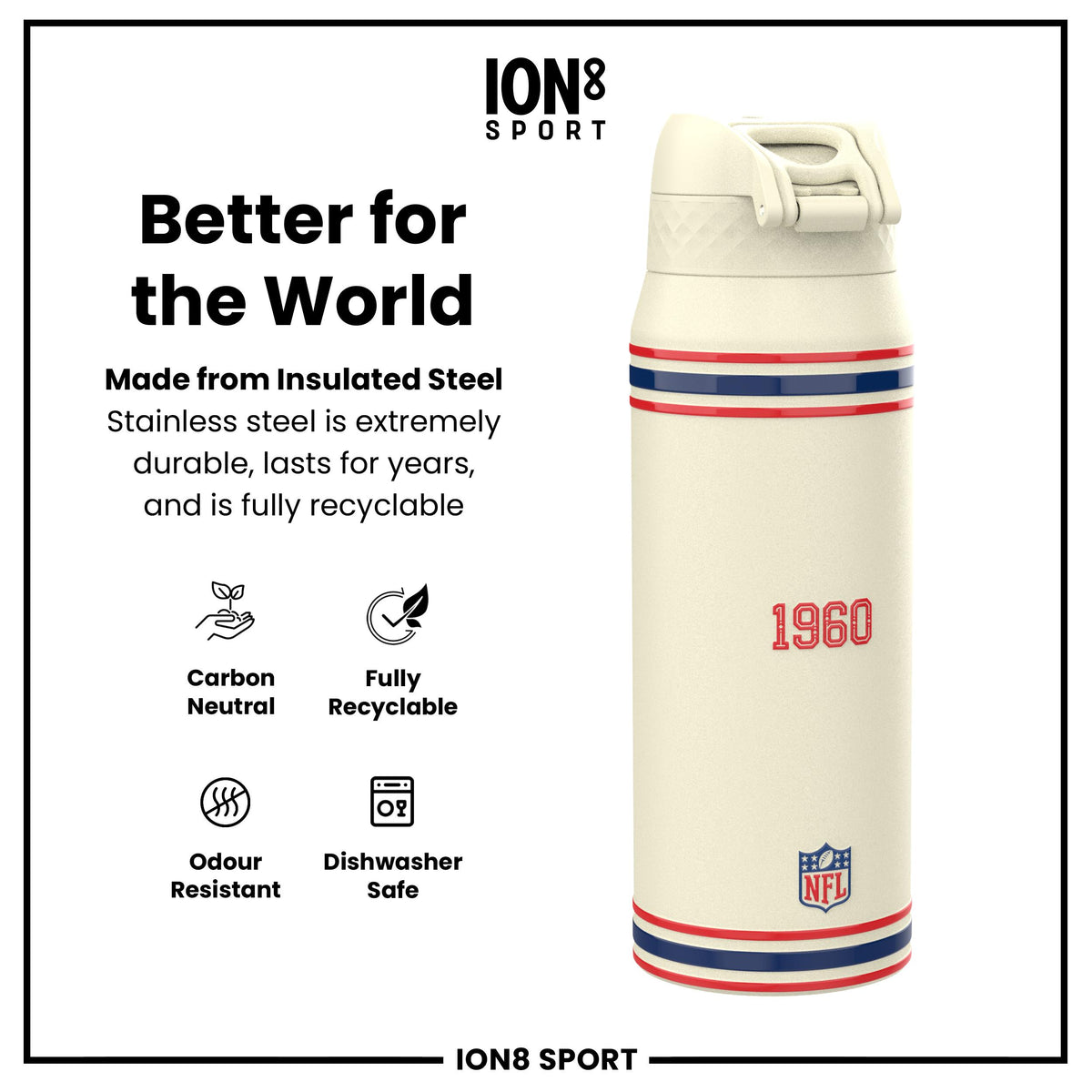 Botella de agua de acero inoxidable con aislamiento NFL x ION8, NFL Titans, 750ml (24oz)