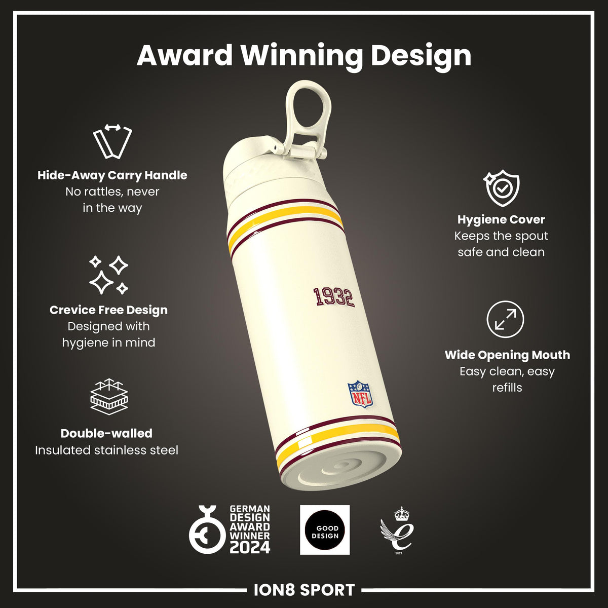 NFL x ION8 Insulated Steel Water Bottle, NFL Commanders, 750ml (24oz)