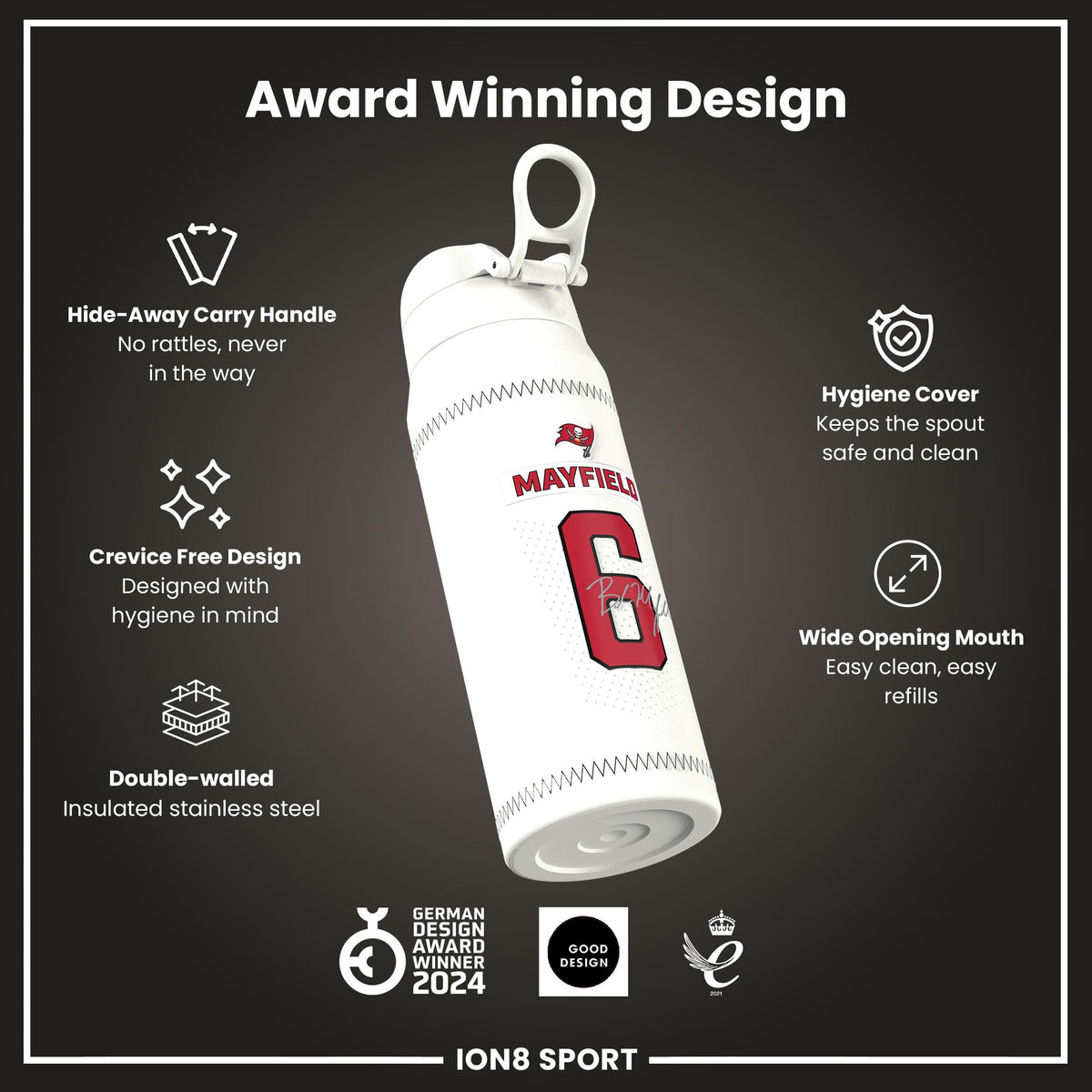 NFL x Ion8 Sports, Insulated Bottle, GameDay Series, Mayfield Buccaneers, 750ml (24oz)