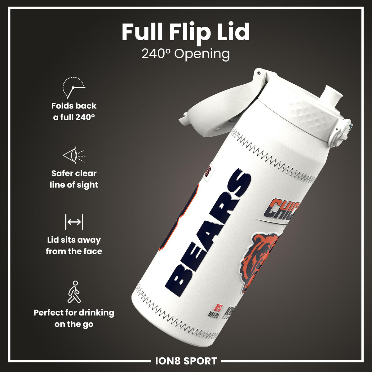 NFL x Ion8 Sports, Botella Térmica, Serie GameDay, Williams Bears, 750ml (24oz)