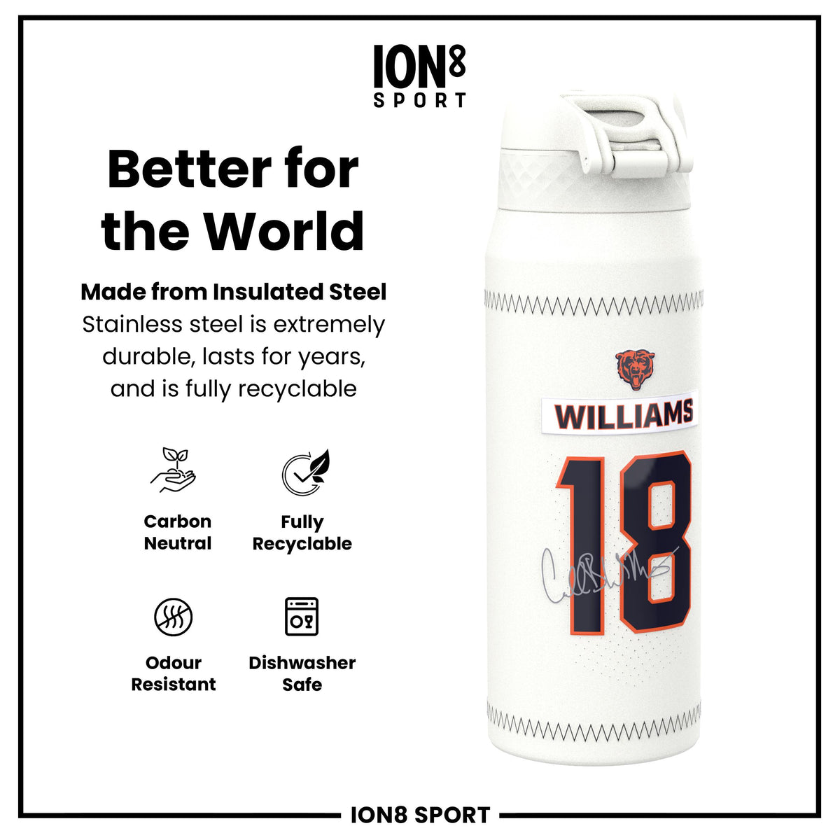 NFL x Ion8 Sports, Botella Térmica, Serie GameDay, Williams Bears, 750ml (24oz)