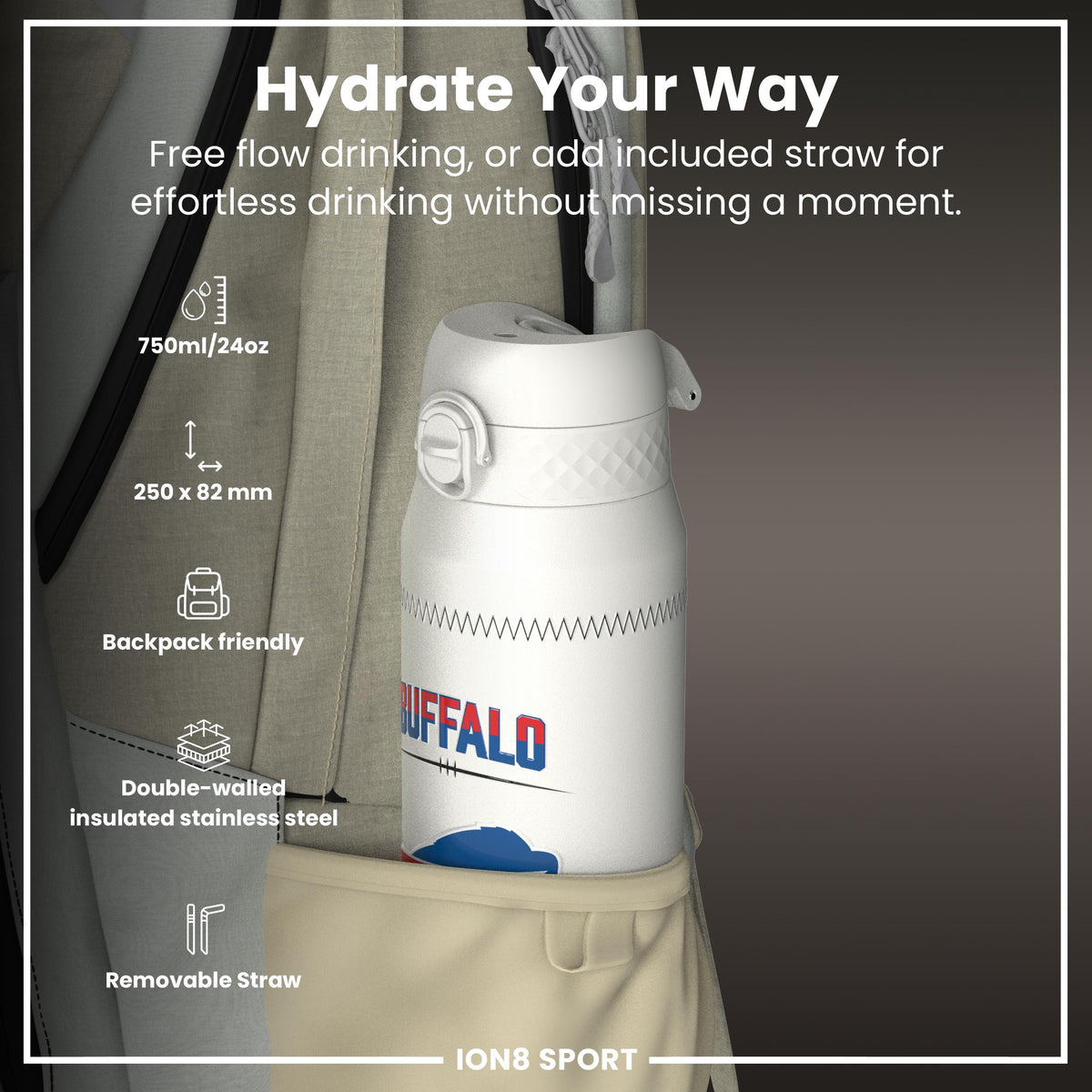 NFL x Ion8 Sports, Botella Térmica, Serie GameDay, Allen Bills, 750ml (24oz)
