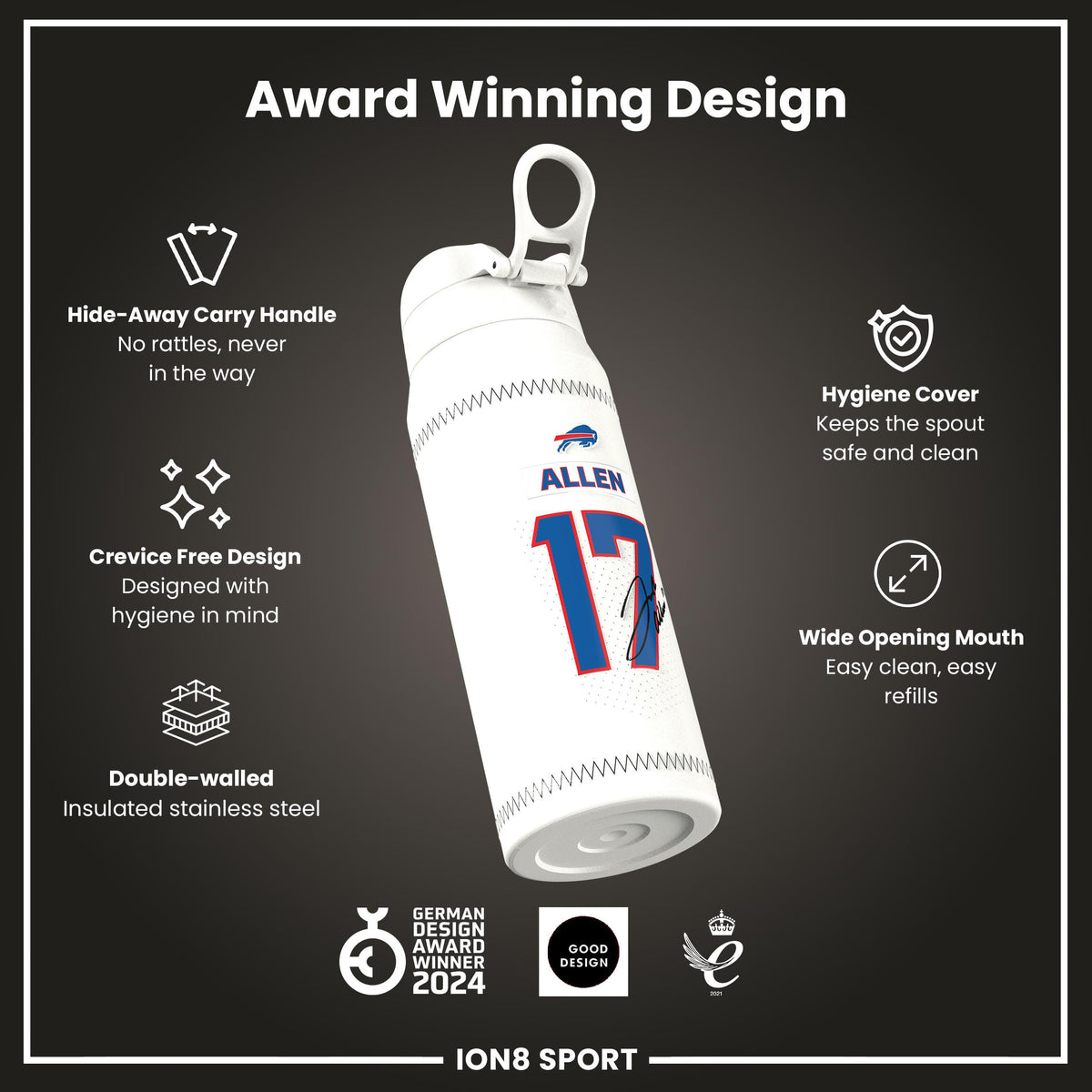 NFL x Ion8 Sports, Botella Térmica, Serie GameDay, Allen Bills, 750ml (24oz)