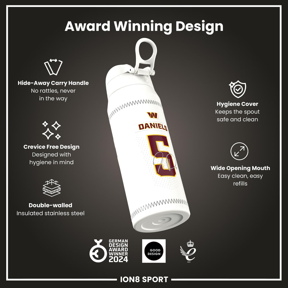 NFL x Ion8 Sports, Botella Térmica, Serie GameDay, Daniels Commanders, 750ml (24oz)