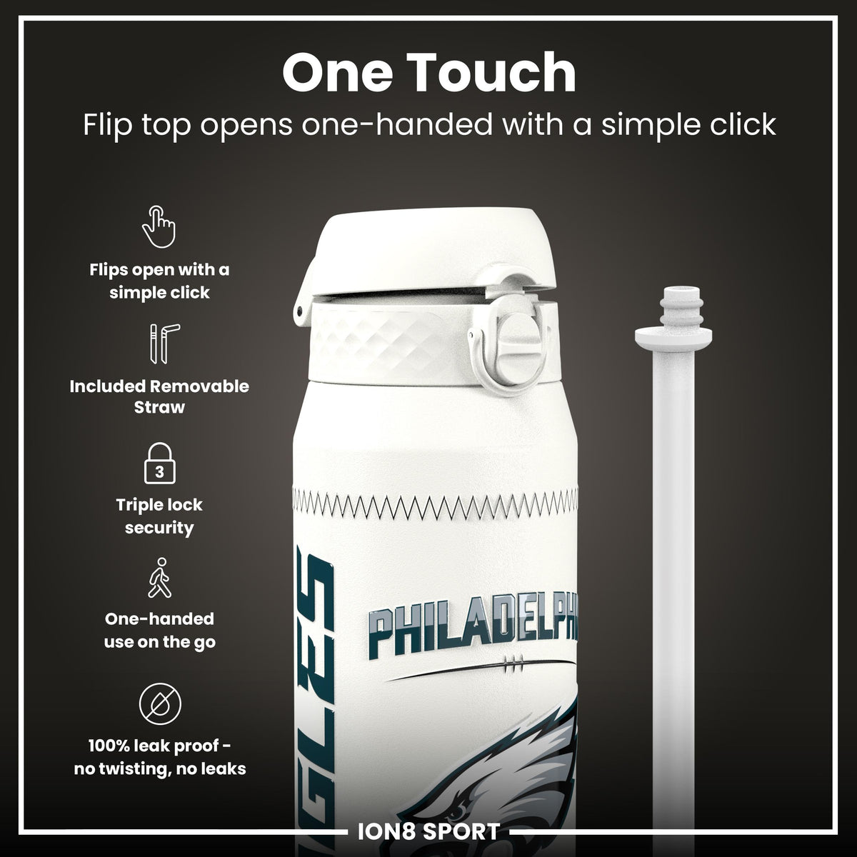 NFL x Ion8 Sports, Botella Térmica, Serie GameDay, Hurts Eagles, 750ml (24oz)