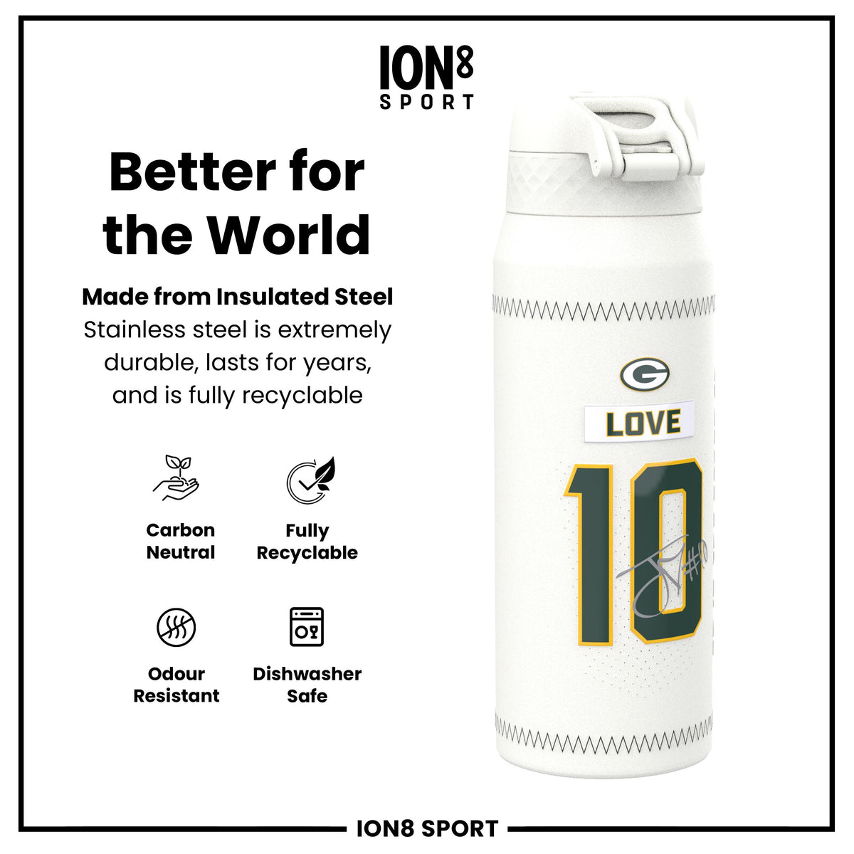NFL x Ion8 Sports, Insulated Bottle, GameDay Series, Love Packers, 750ml (24oz)