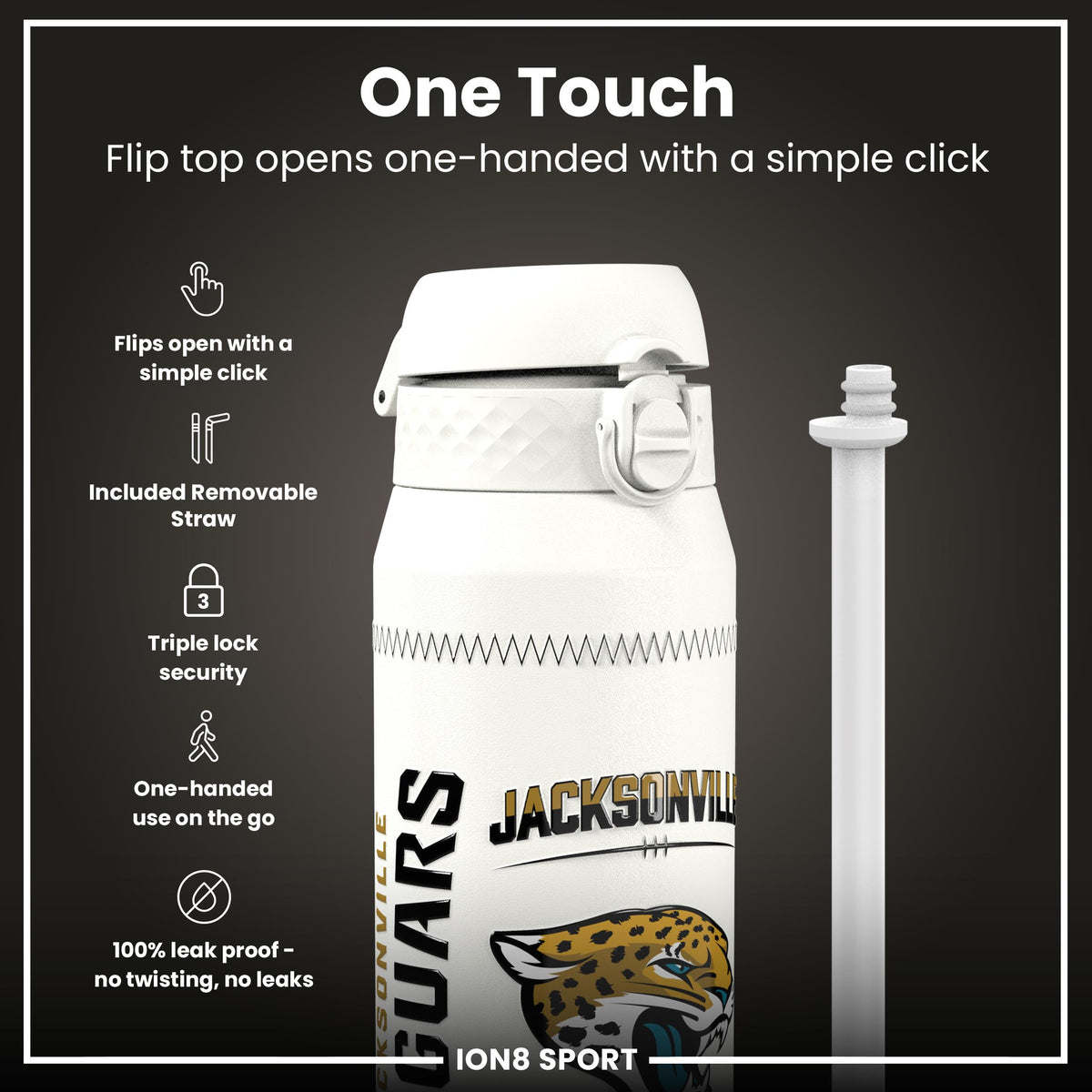 NFL x Ion8 Sports, Botella Térmica, Serie GameDay, Zammit Jaguars, 750ml (24oz)