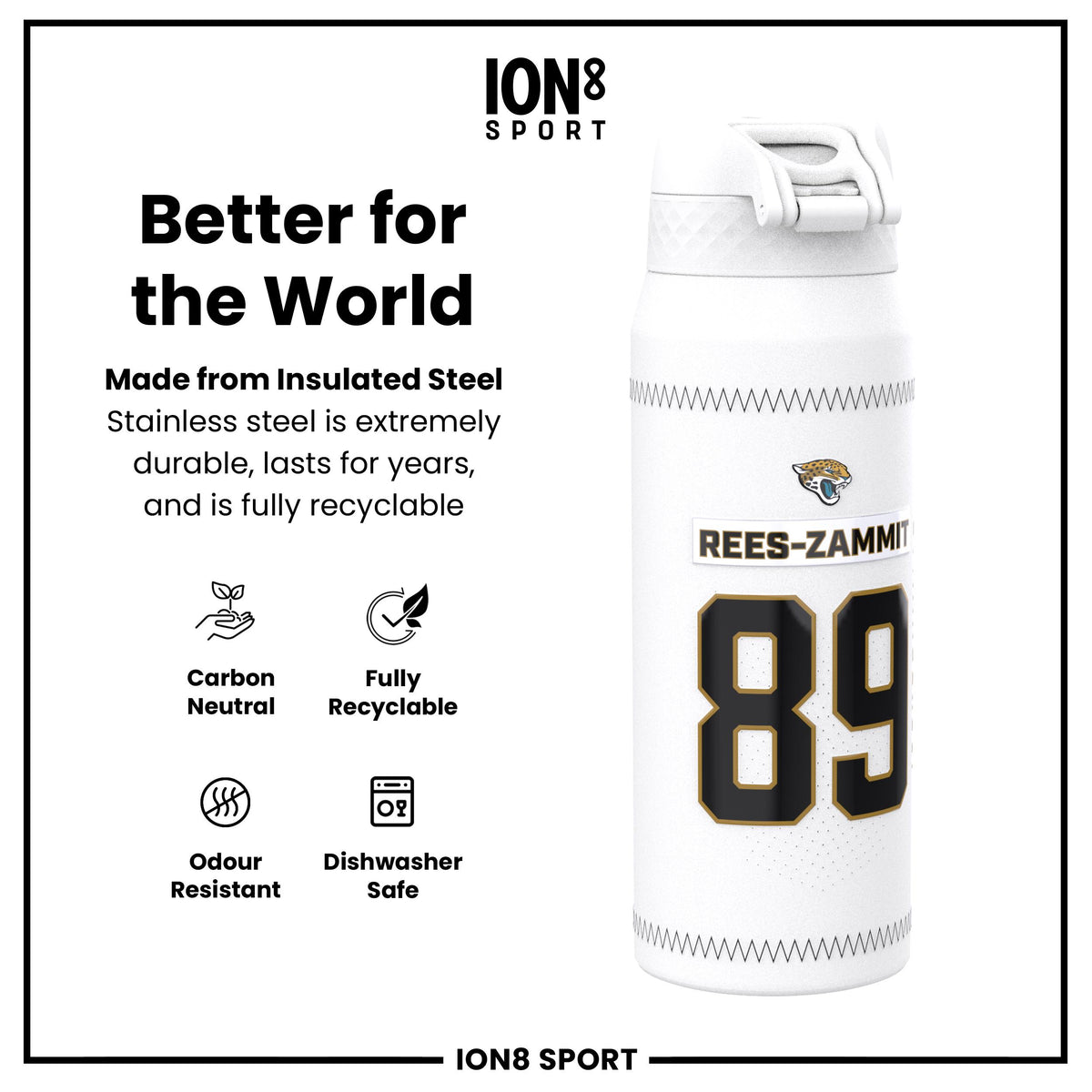 NFL x Ion8 Sports, Botella Térmica, Serie GameDay, Zammit Jaguars, 750ml (24oz)