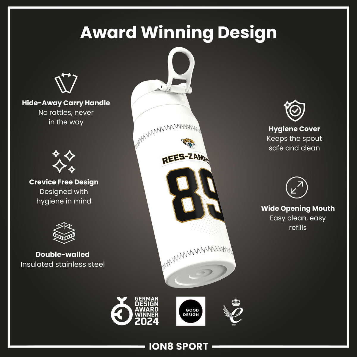 NFL x Ion8 Sports, Botella Térmica, Serie GameDay, Zammit Jaguars, 750ml (24oz)