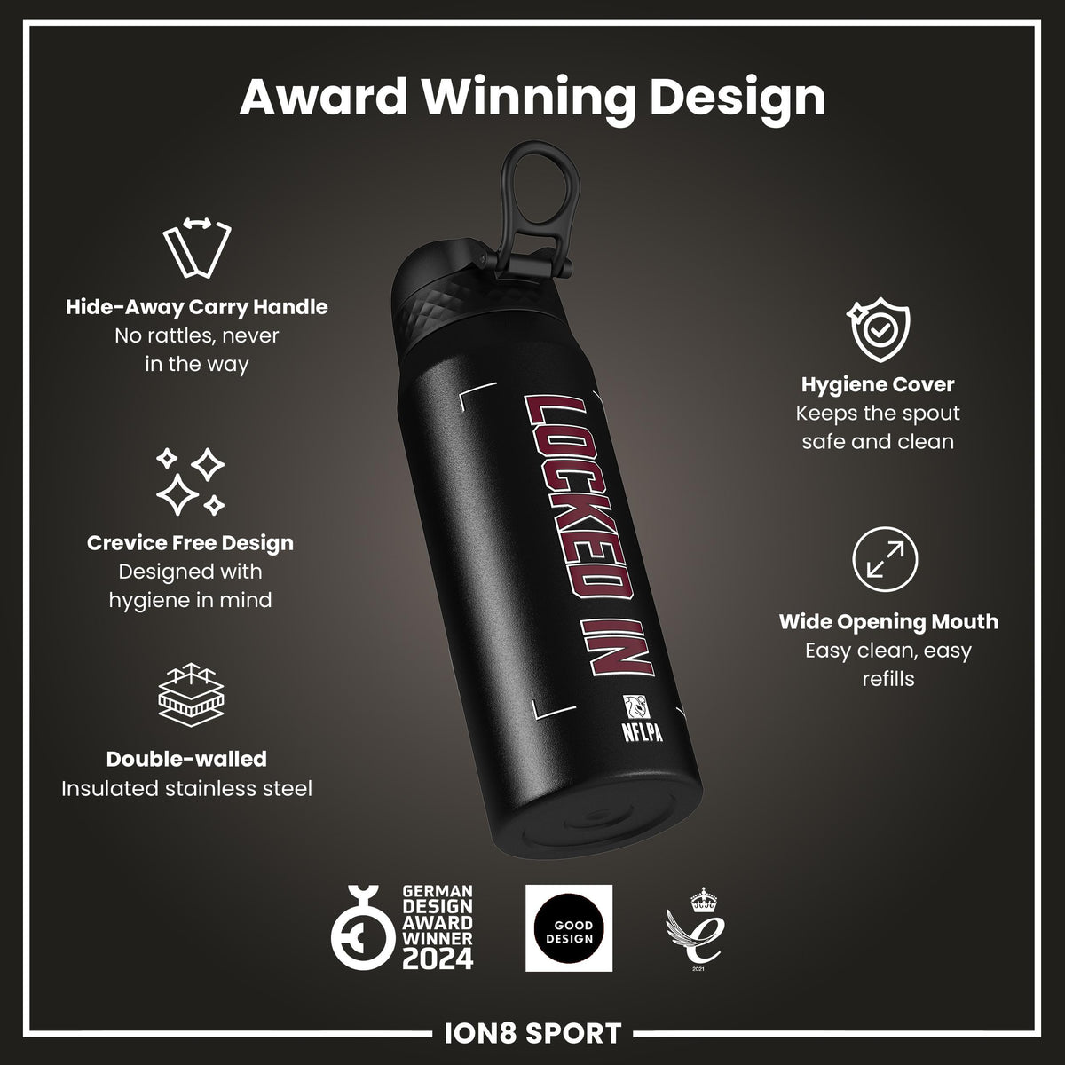 NFL x Ion8 Sports, Botella Térmica, Serie Bloqueado, Jayden Daniels, 750ml (24oz)