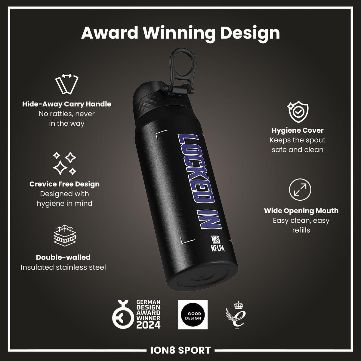 NFL x Ion8 Sports, Insulated Bottle, Locked In Series, Lamar Jackson, 750ml (24oz)