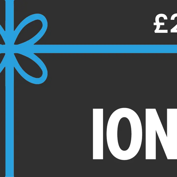 A black card features a blue ribbon design with a bow. Text reads "£25" in the top right corner and "ION8" prominently in white at the bottom.