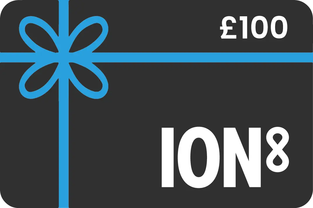 A dark background features a blue ribbon and bow design £100 in the top right corner and ION8 prominently displayed in white text.